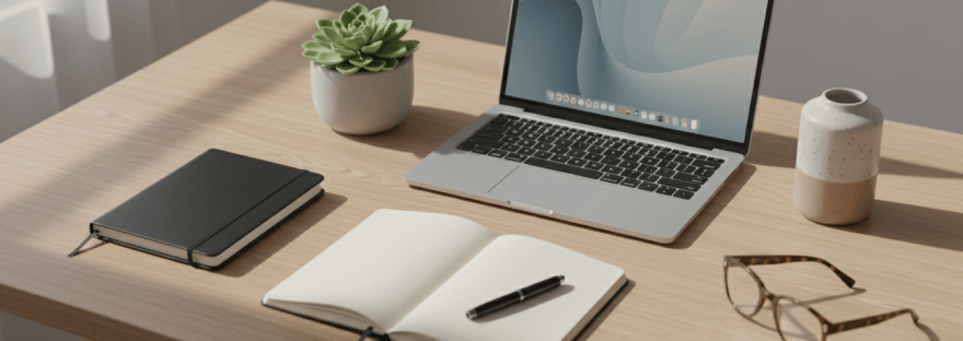 A tidy desk with an open laptop, notebooks, a plant and a ceramic vase in soft natural light
